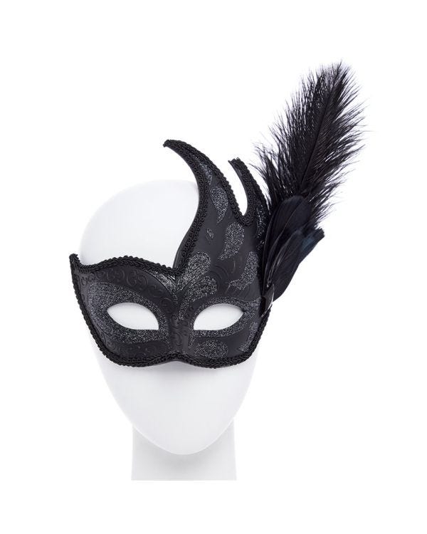 Ornate Black Masquerade Mask with Feathers