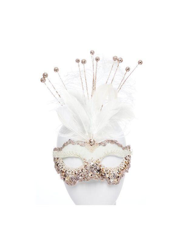 White Masquerade Mask with Sequins, Glitter &amp; Feathers
