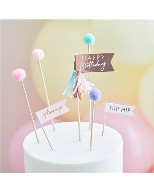 Mix It Up Pom Pom Happy Birthday Cake Toppers