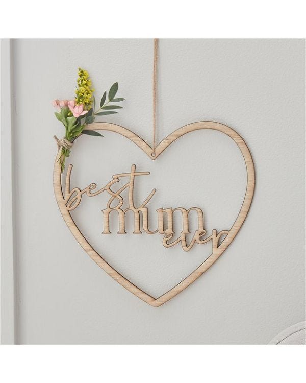 Best Mum Ever Wooden Heart Wreath - 21cm