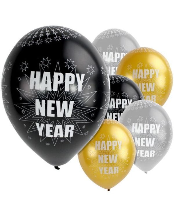 Happy New Year Sparkling Silver &amp; Black Balloons - 11&quot; Latex (6pk)