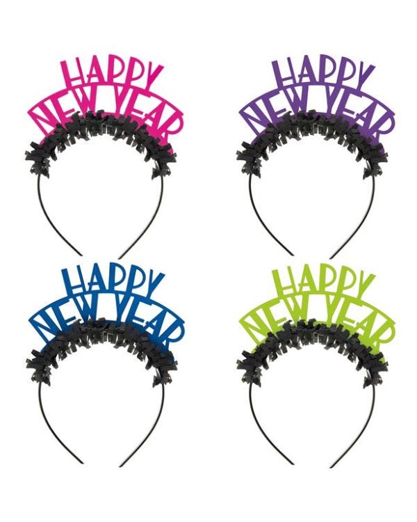 Happy New Year Assorted Colour Fringed Headbands (4pk)