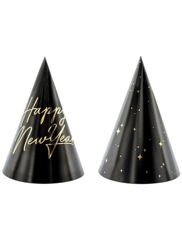 New Year Black &amp; Gold Star Cone Hats (6pk)