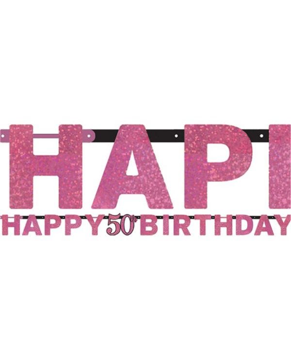 Pink &#039;Happy 50th Birthday&#039; Holographic Paper Letter Banner - 2m