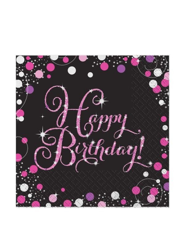 Pink Happy Birthday Paper Napkins - 33cm (16pk)