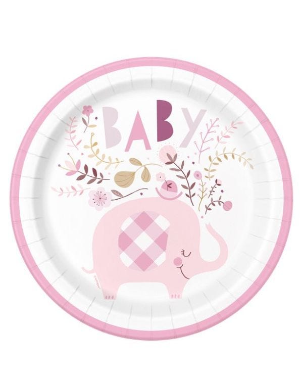 Pink Floral Elephant Paper Plates - 23cm (8pk)