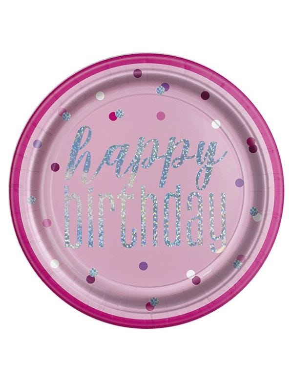 Pink Holographic &#039;Happy Birthday&#039; Paper Plates - 23cm (8pk)