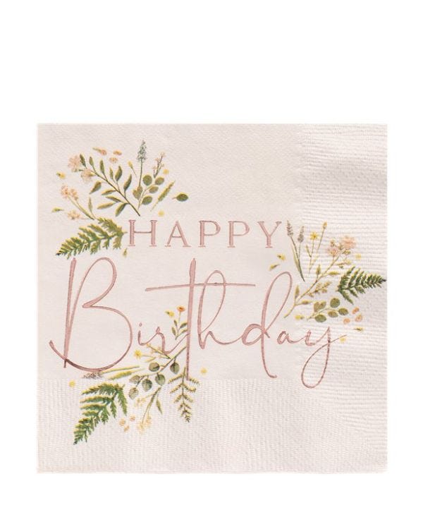 Rose Gold Floral &#039;Happy Birthday&#039; Paper Napkins - 33cm (16pk)