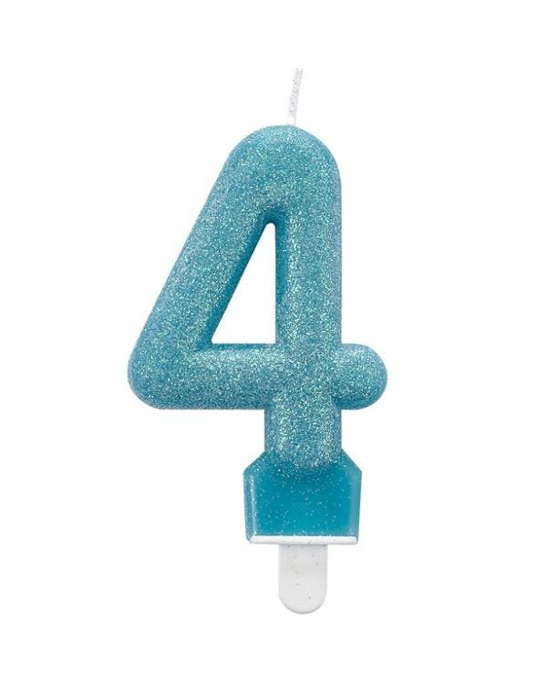 Blue Glitter Number 4 Candle - 7.5cm