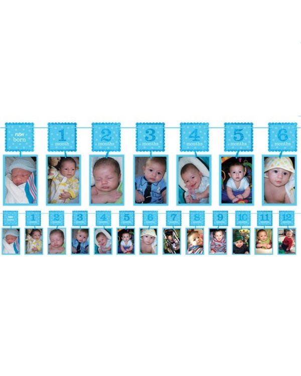 Boy&#039;s 1st Birthday Blue Glitter Garland Photo Holder - 3.7m