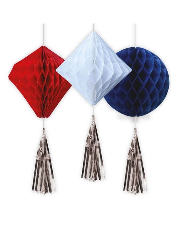 Red, White &amp; Blue Honeycombs with Tassels - 45cm (3pk)