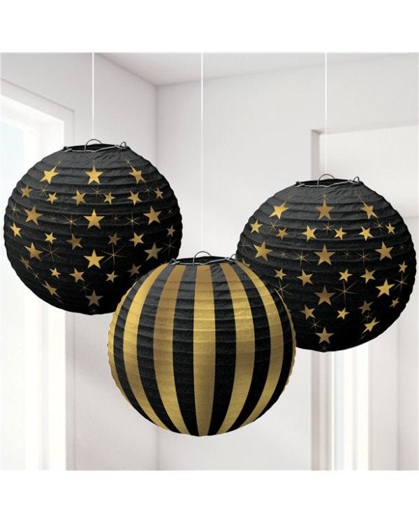 Black and Gold Hanging Paper Lanterns (3pk)