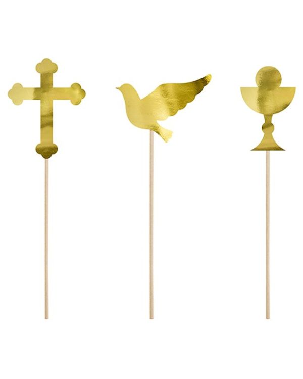 First Holy Communion Gold Cupcake Toppers - 3 Designs (6pk)