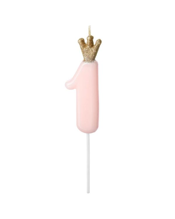Pastel Pink Crown Number 1 Candle - 9.5cm