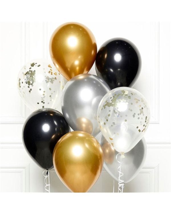 Black Gold &amp; Silver Balloons with Ribbon - 11&quot; Latex (8pk)