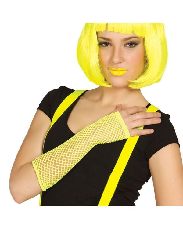 Long Neon Yellow Fishnet Gloves