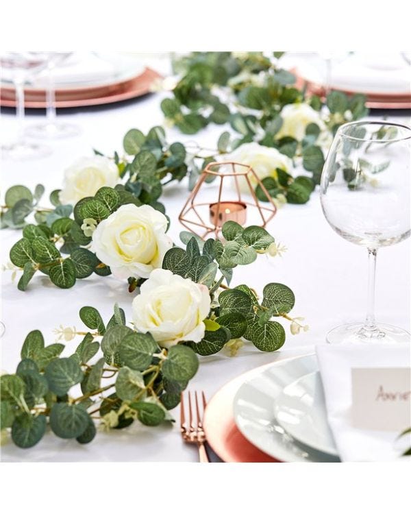 Botanical Wedding Eucalyptus &amp; White Rose Garland - 1.8m