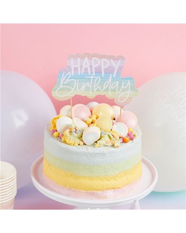 Eco Pastel Rainbow Happy Birthday Paper Cake Topper - 21cm