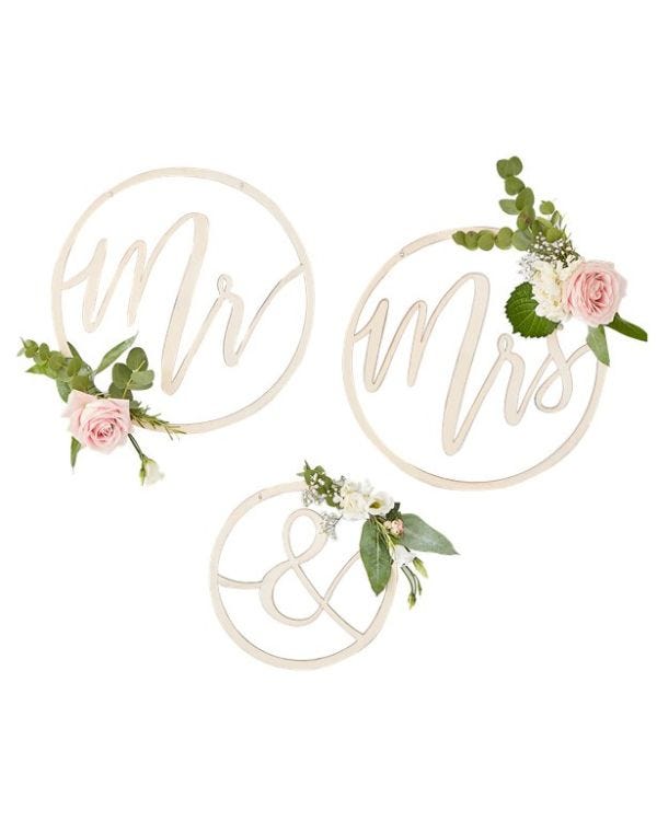 Gold Wedding Mr &amp; Mrs Wooden Hoop Decorations - 35cm (3pk)