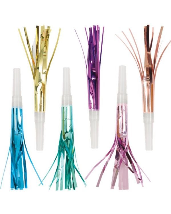 Metallic Multi Coloured Foil Fringed Party Blowers (8pk)