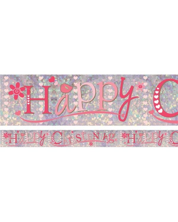 Pink &#039;Happy Christening&#039; Holographic Foil Banner - 2.7m