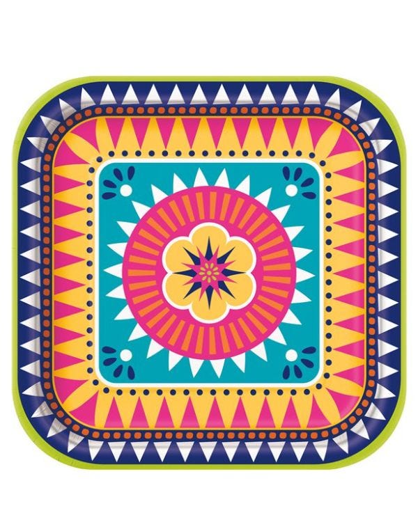 Boho Fiesta Square Plates - 23cm Paper Party Plates (8pk)