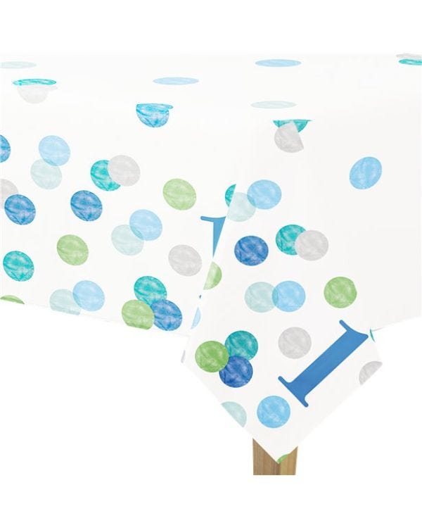 Blue Dots 1st Birthday Plastic Tablecover - 1.4m x 2.1m