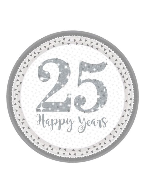 25th Silver Sparkling Wedding Anniversary Plates - 23cm Paper Plates (8pk)