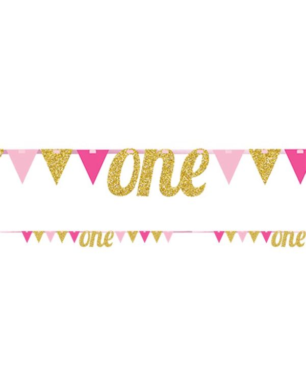 Age One Pink &amp; Gold Glitter Bunting - 2.7m