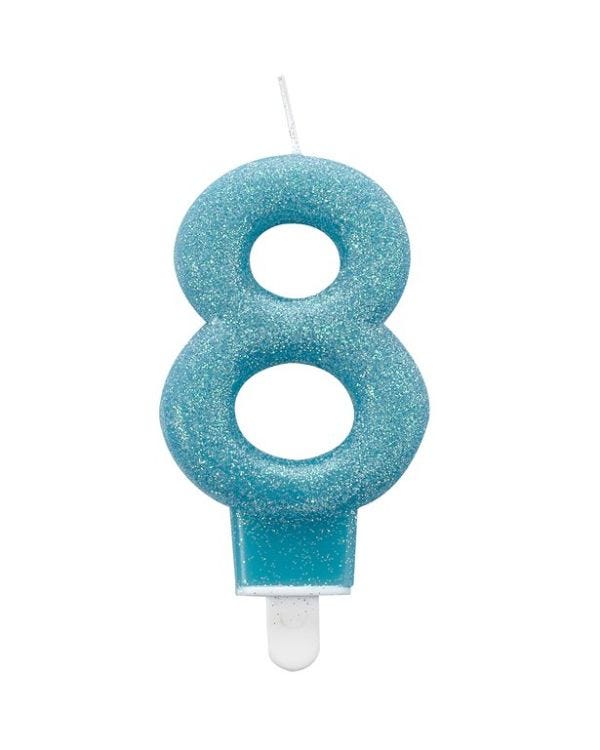 Blue Glitter Number 8 Candle - 7.5cm
