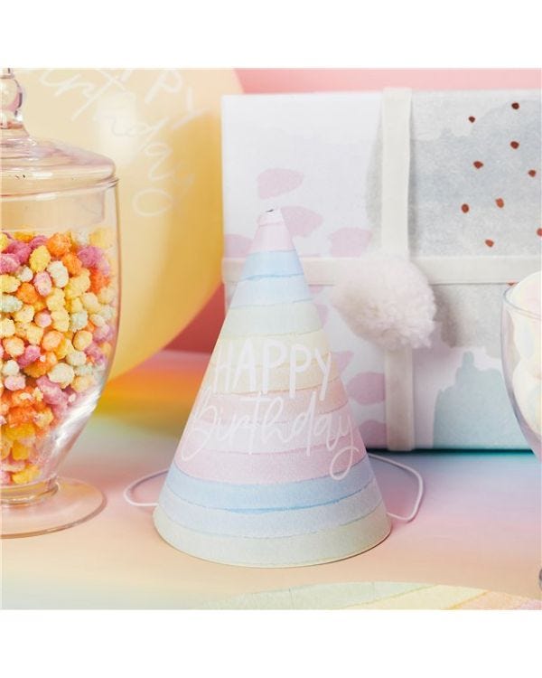 Eco Pastel Rainbow Happy Birthday Paper Hats (10pk)