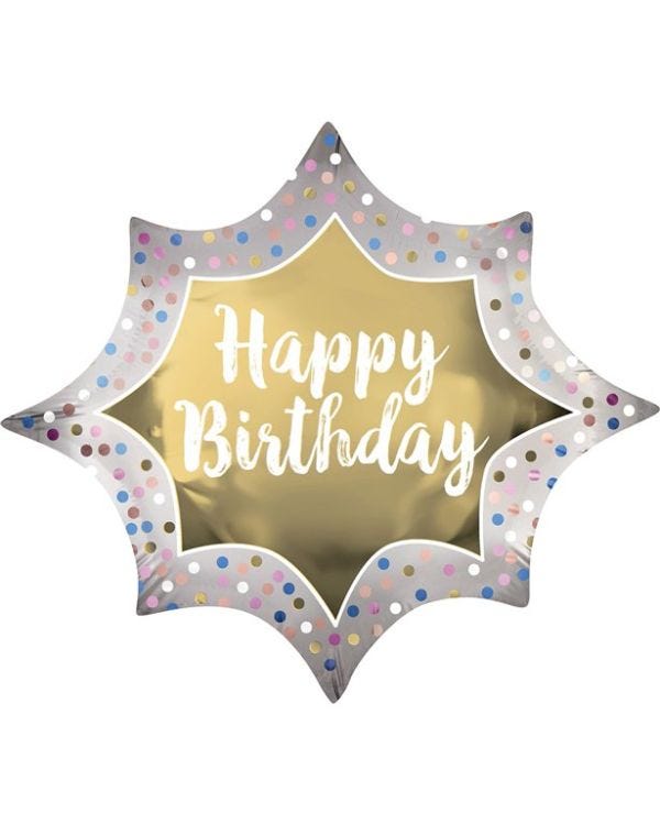 Happy Birthday Satin Gold Burst Supershape Balloon - 35&quot; Foil