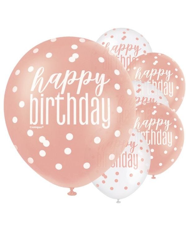 Rose Gold Glitz Happy Birthday Balloons - 12&quot; Latex (6pk)