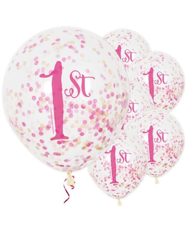 1st Birthday Pink Confetti Balloons - 12&quot; Latex (6pk)