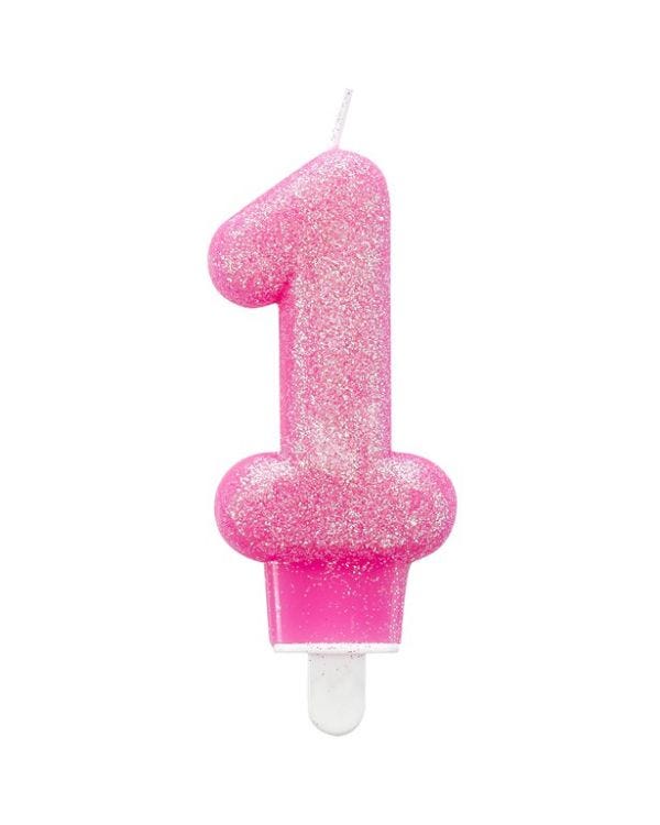Pink Glitter Number 1 Candle - 7.5cm