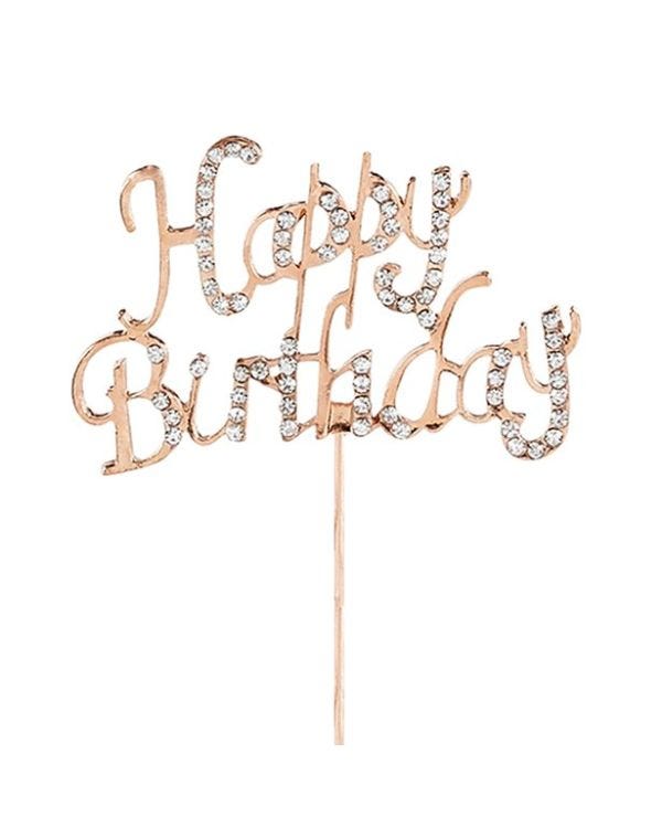 Rose Gold &amp; Diamante Happy Birthday Cake Topper