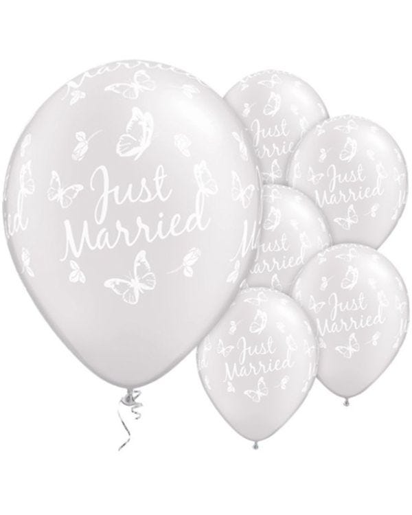 Just Married Butterflies Pearl White Wedding Balloons - 11&quot; Latex (25pk)