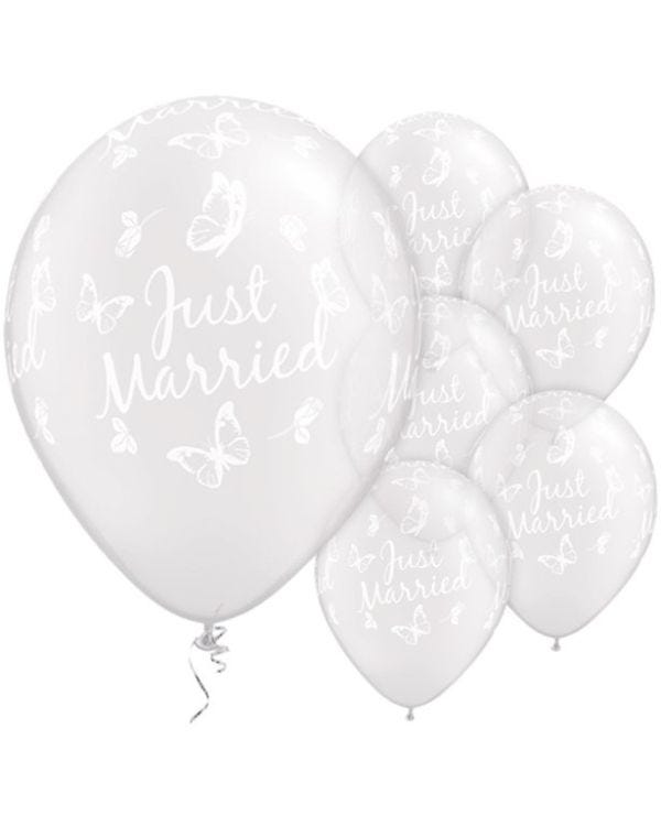 Just Married Butterflies Diamond Clear Wedding Balloons - 11&quot; Latex (25pk)