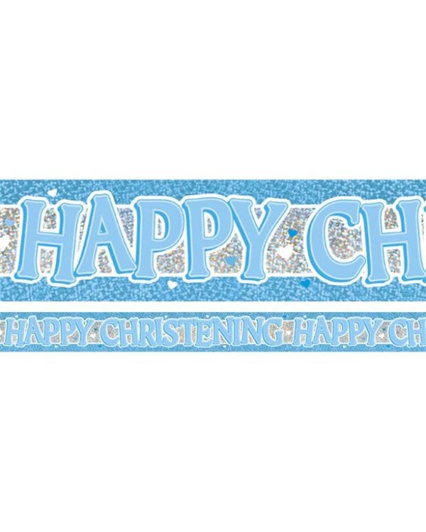 Blue &#039;Happy Christening&#039; Holographic Foil Banner - 3.7m