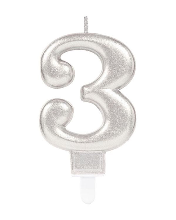 Silver Number 3 Candle - 7.5cm