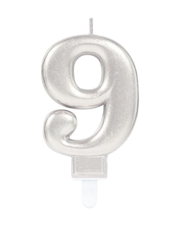Silver Number 9 Candle - 7.5cm
