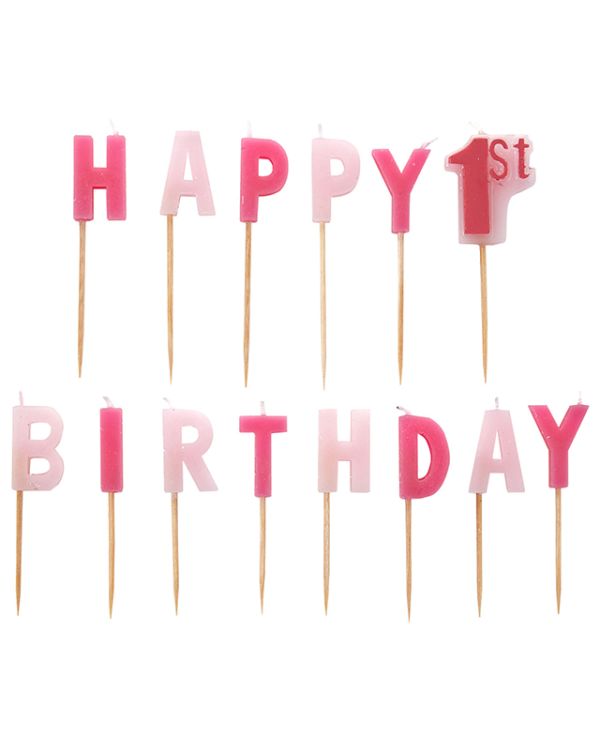 Pink &#039;Happy 1st Birthday&#039; Candles (14pk)