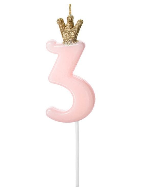 Light Pink Number 3 Candle with Crown - 9.5cm