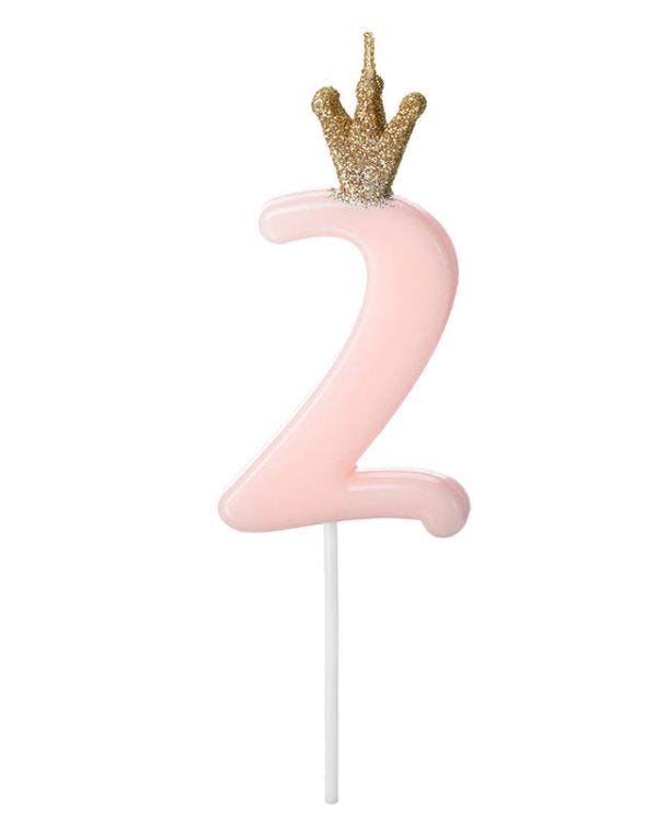 Light Pink Number 2 Candle with Crown - 9.5cm