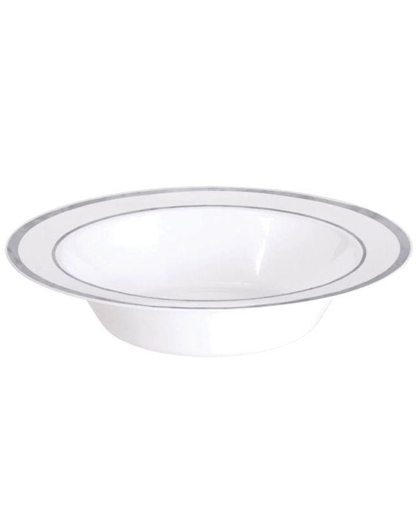 Premium Plastic Bowls - 340ml White with Silver Trim (10pk)
