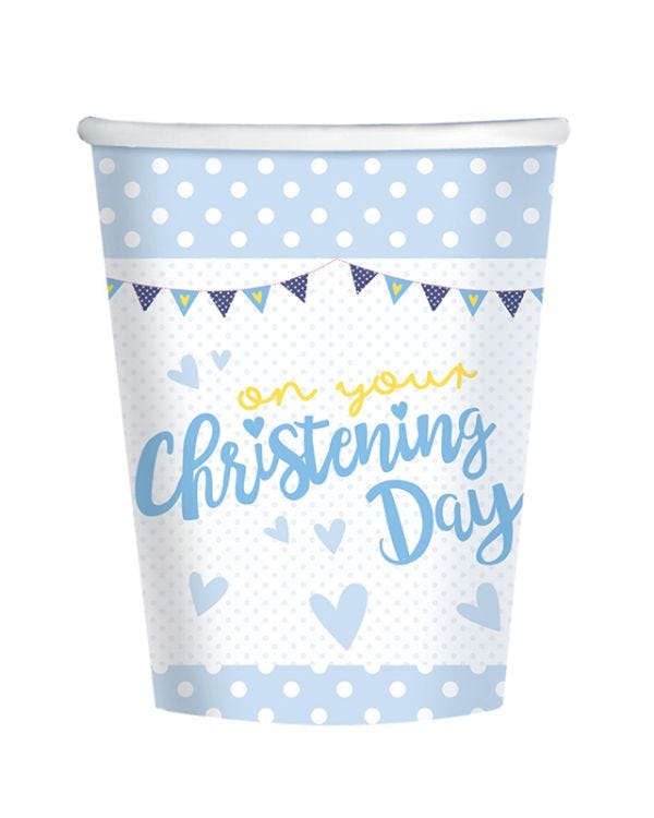 Christening Day Blue Cups - 266ml Paper Party Cups (8pk)