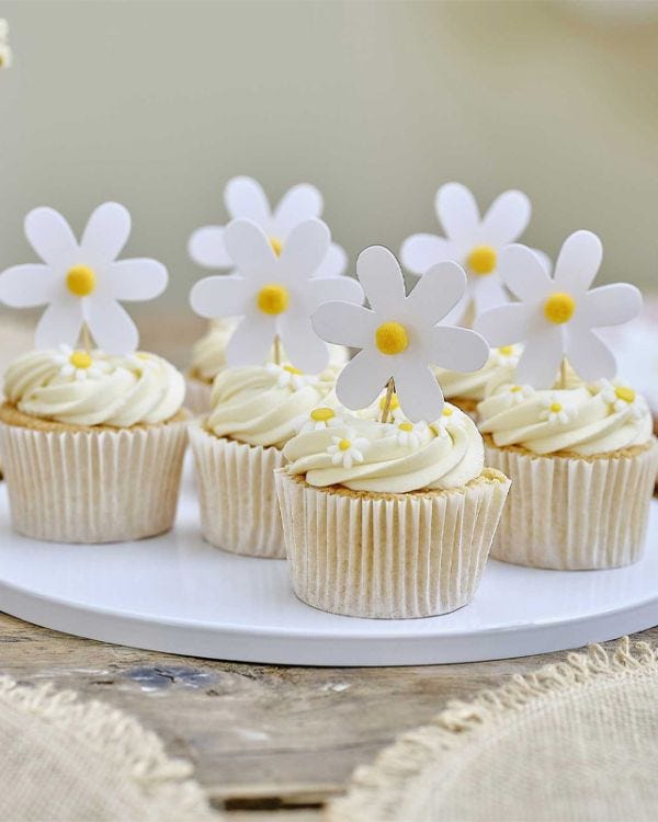Ditsy Daisy Paper Daisies Cupcake Toppers with Pom Poms (12pk)
