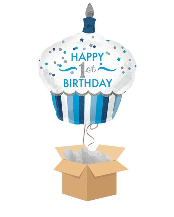 Blue First Birthday Cupcake Shaped Supershape Balloon - Delivered Inflated