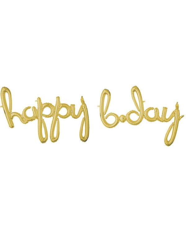 Gold &#039;Happy Bday&#039; Script Phrase Foil Balloon