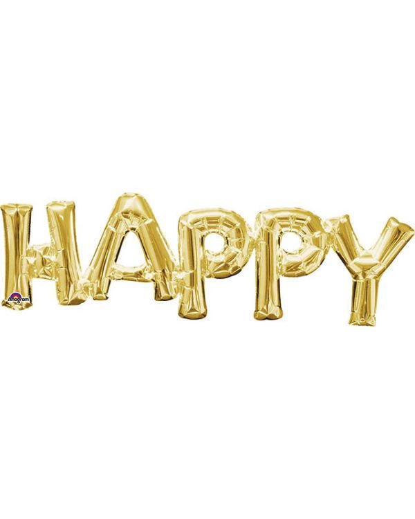 Gold &#039;HAPPY&#039; Phrase Foil Balloon - 30&quot; x 10&quot;